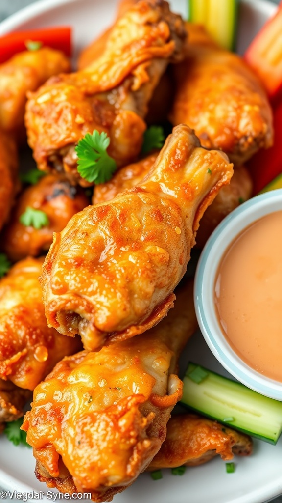 Crispy air fryer chicken wings served with dipping sauce and vegetable sticks on a plate.